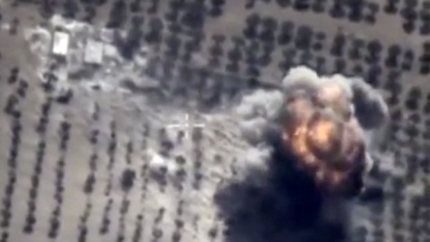 A target hit during a Russian air raid in Syria. 