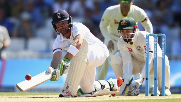 Sweep success: Ian Bell connects with a shot to fine leg as Peter Nevill keeps wicket.