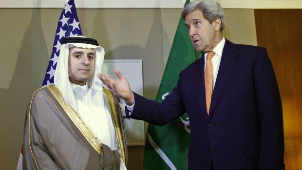 US Secretary of State John Kerry with Saudi Foreign Minister Adel al-Jubeir, during a meeting on Syria in Geneva on Monday.