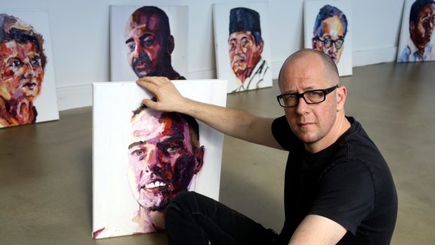 Melbourne artist Matthew Sleeth with paintings by Bali Nine prisoner Myuran  Sukumaran.