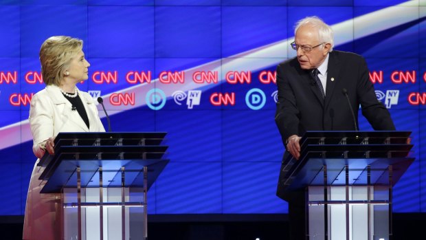 Democratic presidential candidates Hillary Clinton and Bernie Sanders in a heated debate in Brooklyn on Thursday. 