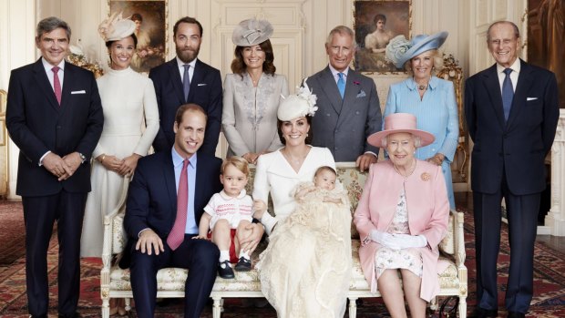 Prince William, Prince George, Catherine, Princess Charlotte and and Queen Elizabeth II pose in front of (L-R) Michael Middleton, Pippa Middleton, James Middleton, Carole Middleton, Prince Charles, Camilla, Duchess of Cornwall and the Duke of Edinburgh after the christening of Princess Charlotte.