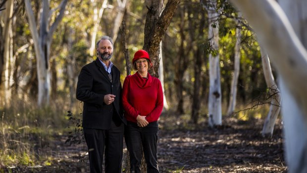 Chief executive officer of Canberra Cemeteries Hamish Horne, and natural burial advocate, Coroline Le Couteur, standing where Gungahlin Cemetery will have its first natural burials.
Photo Jamila Toderas