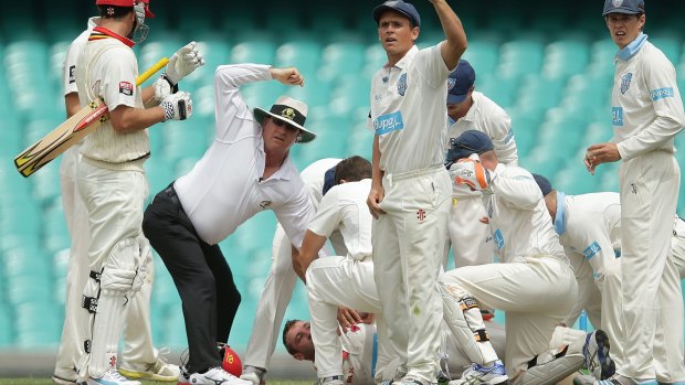 Umpires and players call for help.