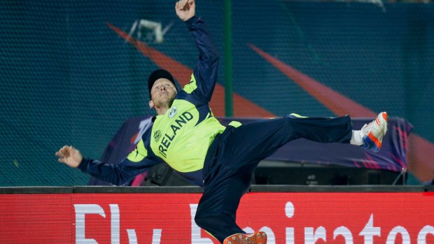 No luck of Irish: Ireland's Gary Wilson jumps in the air to stop a six.