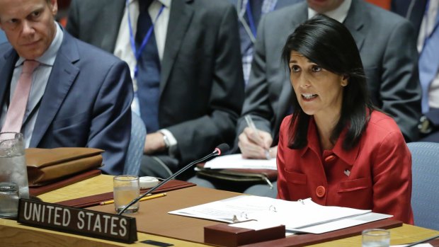 United States UN Ambassador Nikki Haley, right, speaks during United Nations Security Council meeting on North Korea's latest launch of an intercontinental ballistic missile on Wednesday.