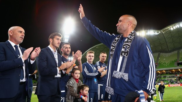 Archie Thompson of Melbourne thanks fans as he walks off after being substituted.
