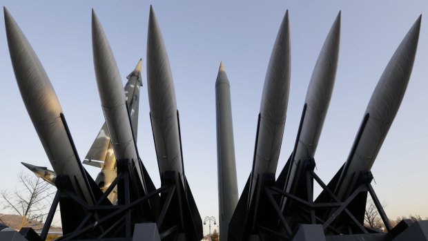 North Korea's mock Scud-B missile, centre, and other South Korean missiles at Korea War Memorial Museum in Seoul.