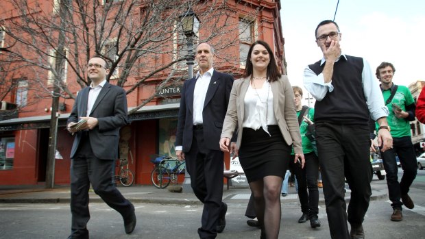 Greens rally in Fitzroy in July 2016 ahead of Saturday's Federal election- Bob Brown, Sarah Hanson Young, Adam Bandt (for Melbourne, left) and Richard di Natale.