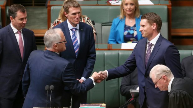 The newly elected member for Canning, Andrew Hastie, is congratulated by Prime Minister Malcolm Turnbull after being sworn-in.