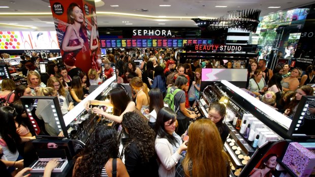 Crowds at the opening of Sephora in Sydney's Pitt Street Mall in December, 2014.