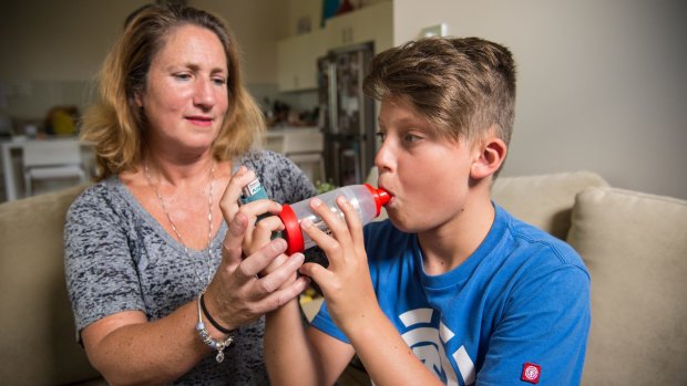 Finn Kovich with his mother, Nina, at their home in Killara. Both suffer from asthma. 