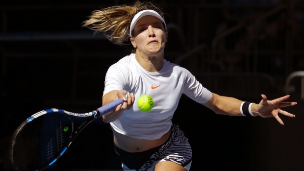 Crop top controversy? Eugenie Bouchard goes short at this year's Australian Open.