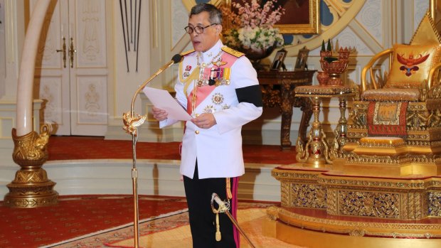 Thai King Maha Vajiralongkorn speaks after accepting the throne at the Dusit Palace in Bangkok.