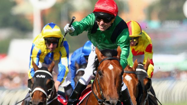 Kerrin McEvoy takes Turn Me Loose home in the Emirates Stakes at Flemington on Saturday.
