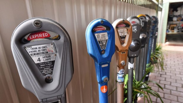 Some of Alan Dyer's collection of parking meters.