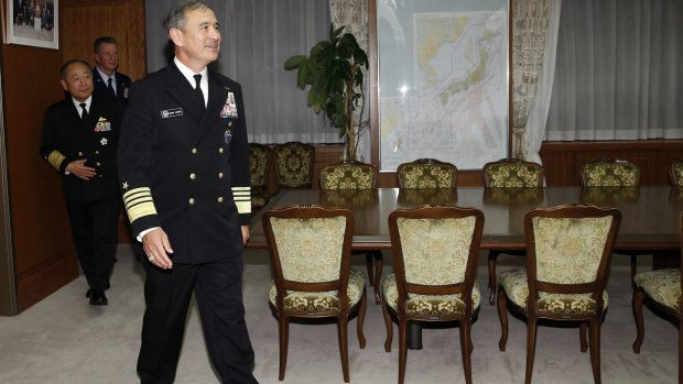 US Navy Admiral Harry Harris, commander of the United States Pacific Command, arrives for a meeting at the Defence Ministry in Tokyo on February 17.