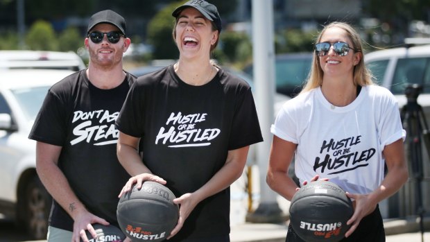 Former AFL player Adam Cooney, Jenna O'Hea of the Opals and Rebecca Cole of the Boomers promote the new competition.