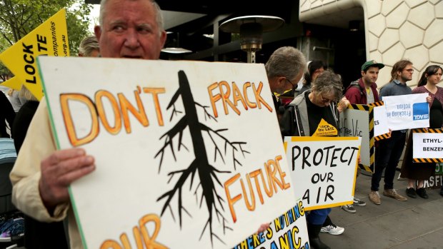 Fracking protesters outside AGL's annual general meeting in Melbourne in September, 2015. 