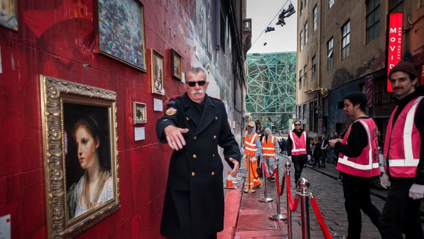 One of street artist Lush's 2015 publicity stunts included arts patron Andrew King posing as museum security in Hosier Lane.