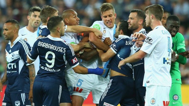 Tense affair: The Melbourne Derby had all types of action. 