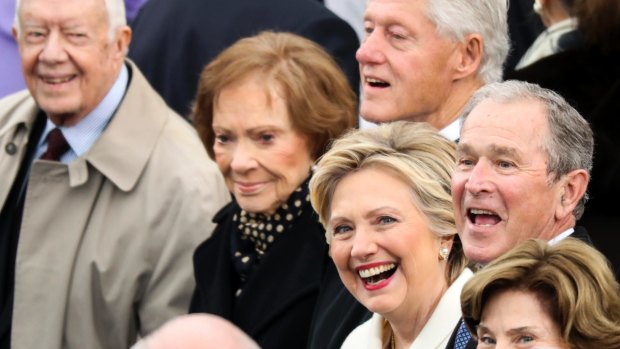 Former President Jimmy Carter, Rosalynn Carter, former President Bill Clinton, Hillary Clinton and Former President George W. Bush.