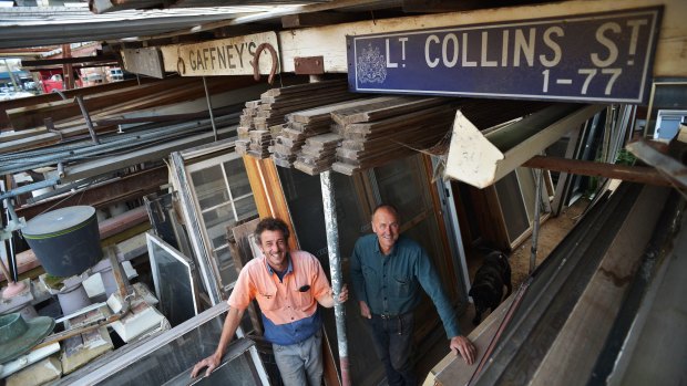 Brothers Robert and Victor Pace at their salvage yard in Bulleen. 
