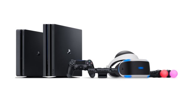 The upcoming PlayStation lineup. From left: the new PS4, PS4 Pro, Dualshock 4 controller, PS Camera, PS VR and Move controllers.