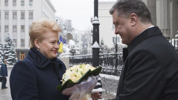 Aid agreement: Ukrainian President Petro Poroshenko (right) greets Lithuanian President Dalia Grybauskaite in Kiev on Monday.