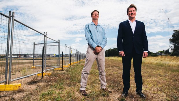 Foy Group technical director Bevan Dooley, left, and managing director Stuart Clark at the site of the proposed plastics-to-fuel factory in Hume: It will be a plant Canberrans can be proud of, the men say.