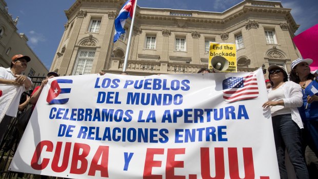 Demonstrators outside the Cuban embassy.