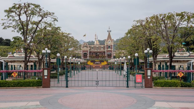 A gate is locked shut at Walt Disney's Disneyland Resort in Hong Kong, China.