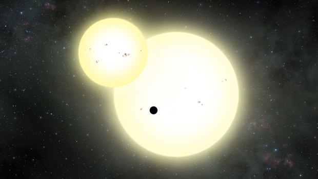 An artist's impression of the simultaneous stellar eclipse and planetary transit events on Kepler-1647 b.