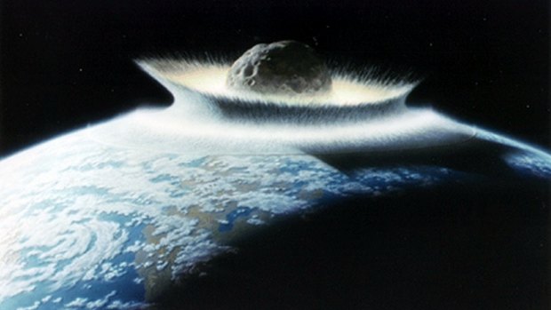 An illustration of the Chicxulub asteroid striking 66 million years ago.