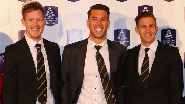 Jack Riewoldt (left), with Alex Rance and Brett Deledio,  was a surprise pick for centre half forward in the All-Australian team.