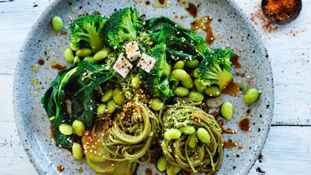Green means go: Green noodle bowl with broccoli and edamame. 