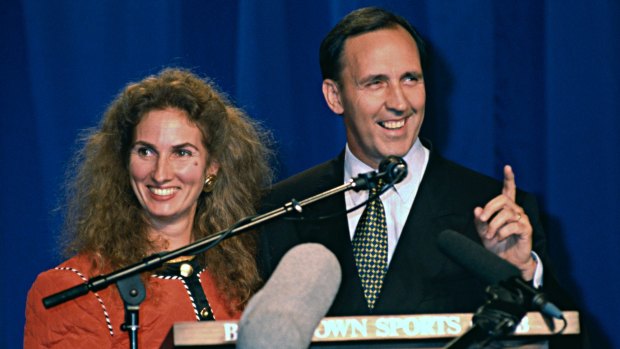 Paul Keating, accompanied by his then wife Annita, delivers his victory speech on election night, March 13, 1993 in Sydney. 