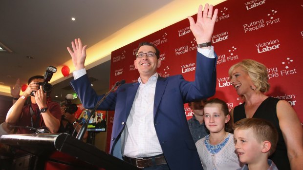 Labor Party leader Daniel Andrews, with his wife Catherine Andrews and family, celebrates the election victory.