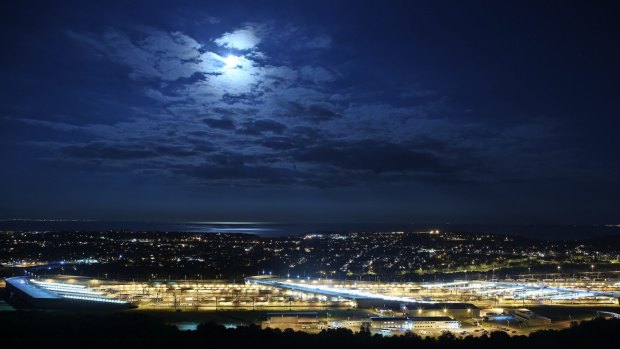 The Eurotunnel terminal under a rare blue moon in Folkestone, England. 