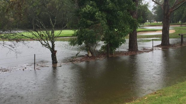 Low lying land at Moruya Golf Club under water on Monday morning.