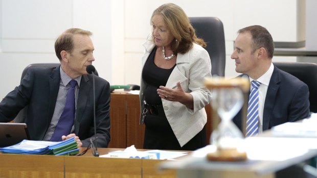 Attorney-General Simon Corbell, left, with Education Minister Joy Burch and Chief Minister Andrew Barr in the Legislative Assembly this week.