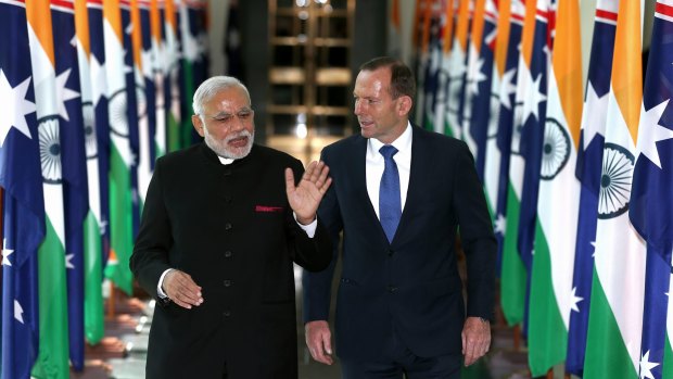 Narendra Modi and Tony Abbott during Mr Modi's visit earlier this month.