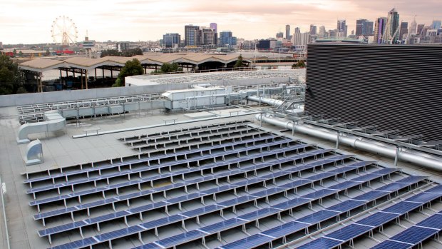Solar panels on a commercial building in Melbourne.
