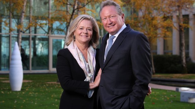 Andrew Forrest and his wife, Nicola, at Parliament House on Monday.