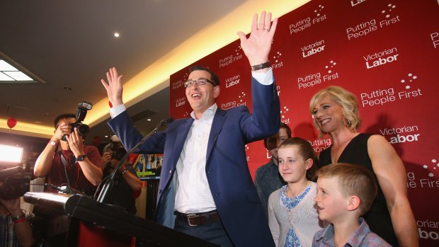 Victorious: Labor leader Daniel Andrews, his wife Catherine and their children on Saturday.