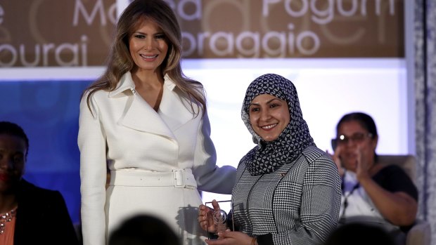 Melania Trump presents the 2017 Secretary of State's International Women of Courage Award to Fadia Najib-Thabet who is from Yemen.The award honors women who have demonstrated exceptional courage, strength, and leadership in acting to improve the lives of others.  
