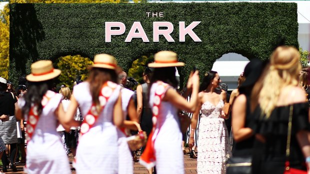 Fashion on show at The Park precinct on Victoria Derby Day.