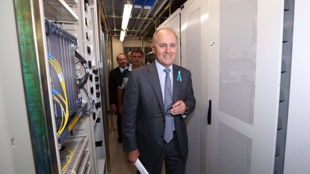 Malcolm Turnbull tours the NBN racks in the Queanbeyan Telstra exchange earlier this year.
