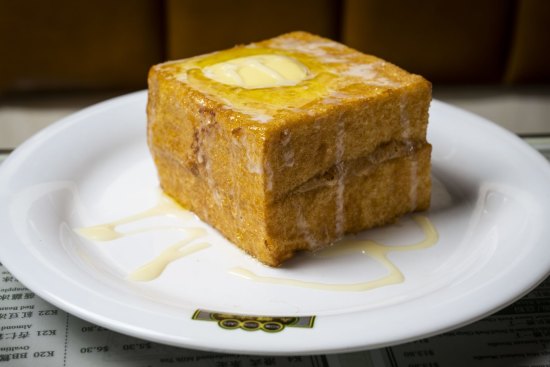 Hong Kong-style French toast with butter, condensed milk and maple syrup.