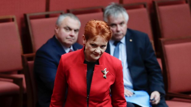 Pauline Hanson and Centre Alliance's Stirling Griff and Rex Patrick. 